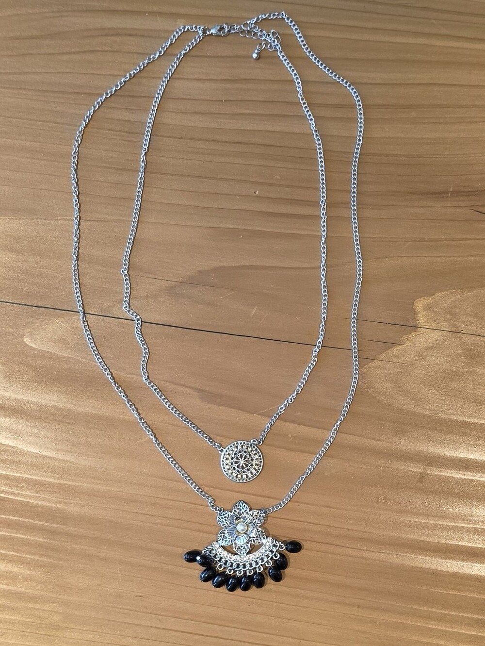 Silver-Tone Double Layer Floral Beaded Pendant Necklace